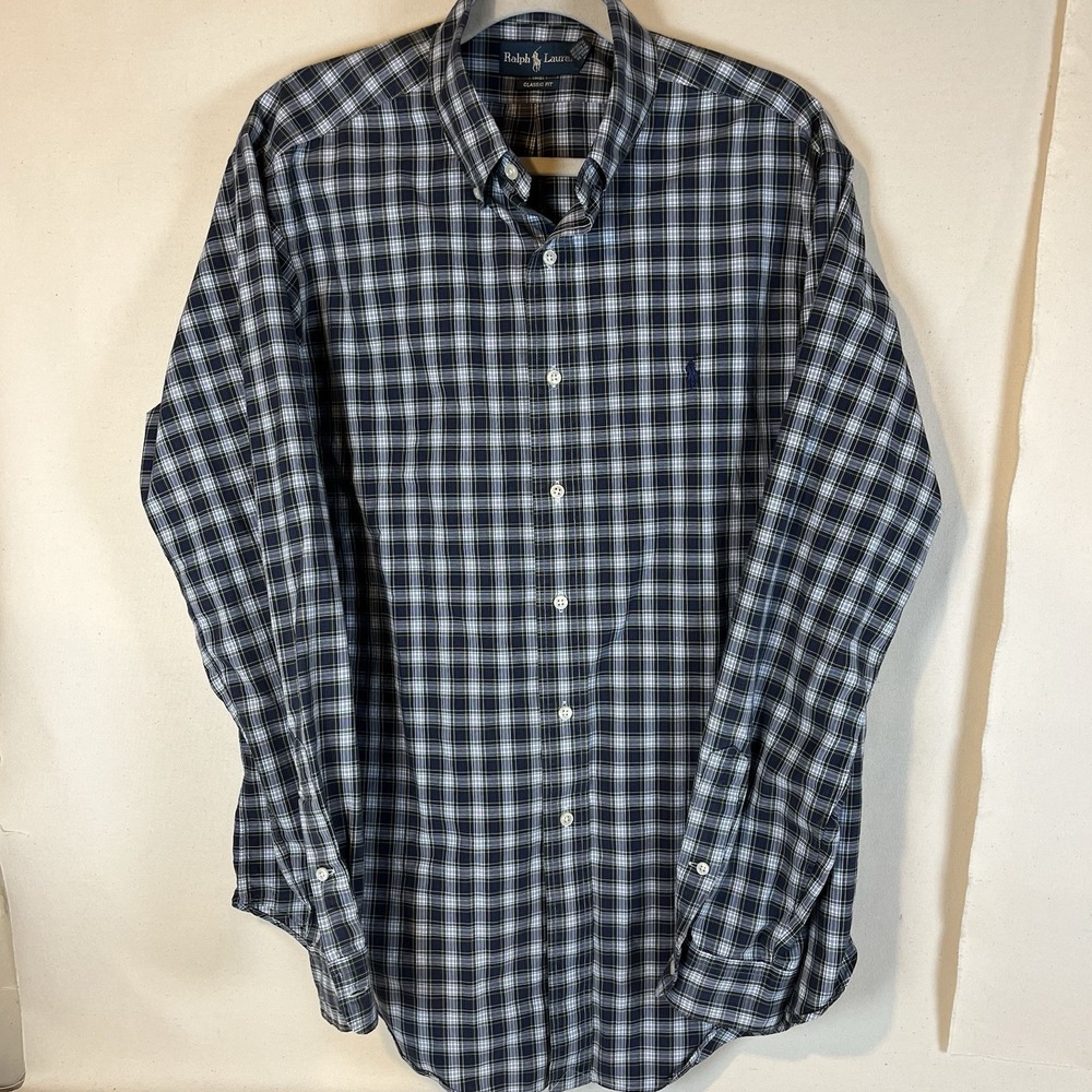 Ralph Lauren Long Sleeve Button Down Shirt‎ Men's Large Navy Blue Plaid Cotton
